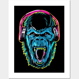 Blue Gorilla With Headphone Posters and Art